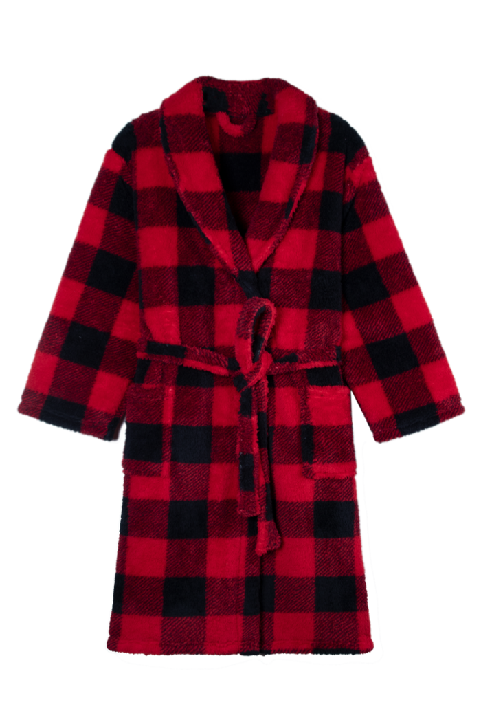 Comfyhome Women‘s Ultra Soft Check Printed Sherpa Fleece Collar Thickness Winter Robe - Image 1