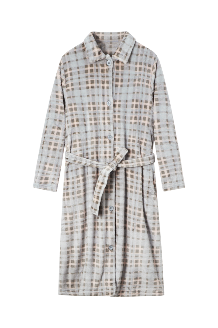 Comfyhome Women‘s Warm Check Printed Flannel Fleece Lapel Button Winter Housecoat - Image 1