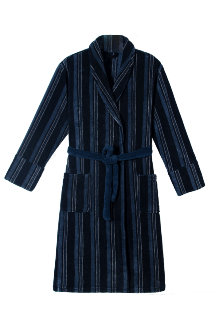 Comfyhome Men‘s Stripe Printed Coral Fleece Plush Collar Winter Robe - Image 1