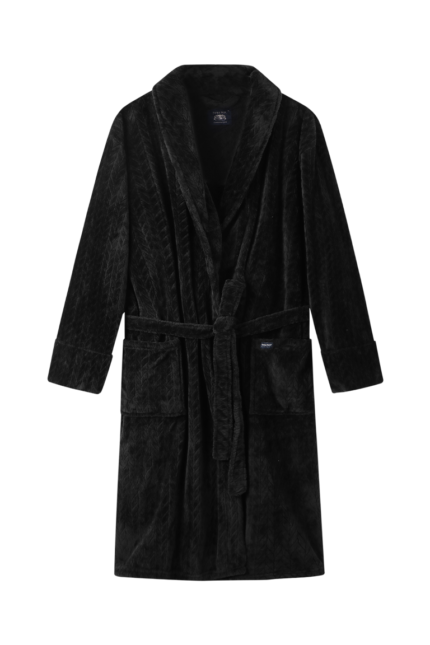 Comfyhome Men‘s Black Leaves Jacqaurd Flannel Fleece Shawl Collar Winter Robe