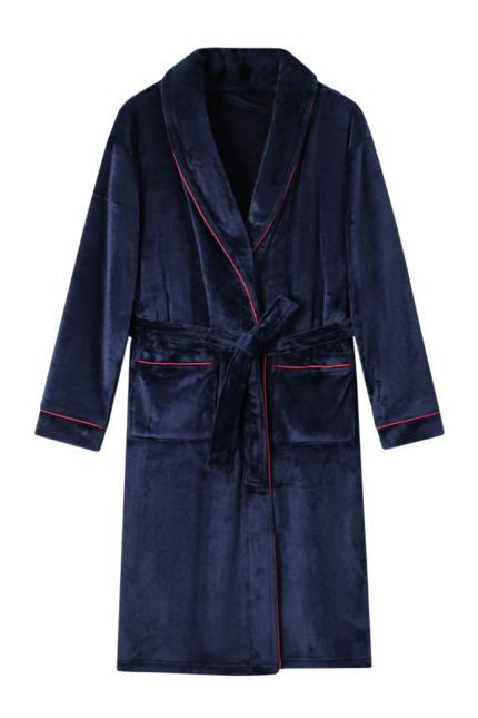 Comfyhome Men‘s Navy Plush Flannel Fleece Shawl Collar Winter Robe With Satin Pane