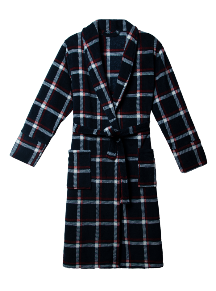 Comfyhome Men‘s Black White Check Plush Coral Fleece Shawl Collar Winter Robe With Patch Pocket - Image 1