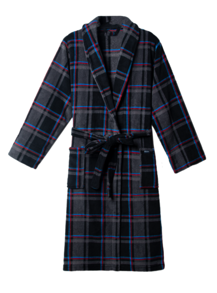 Comfyhome Men‘s Grey Check Plush Coral Fleece Shawl Collar Winter Robe With Patch Pocket