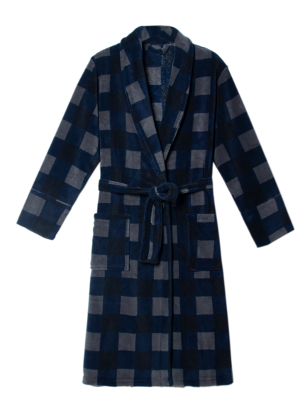 Comfyhome Men‘s Navy Grey Check Plush Coral Fleece Shawl Collar Winter Robe With Patch Pocket