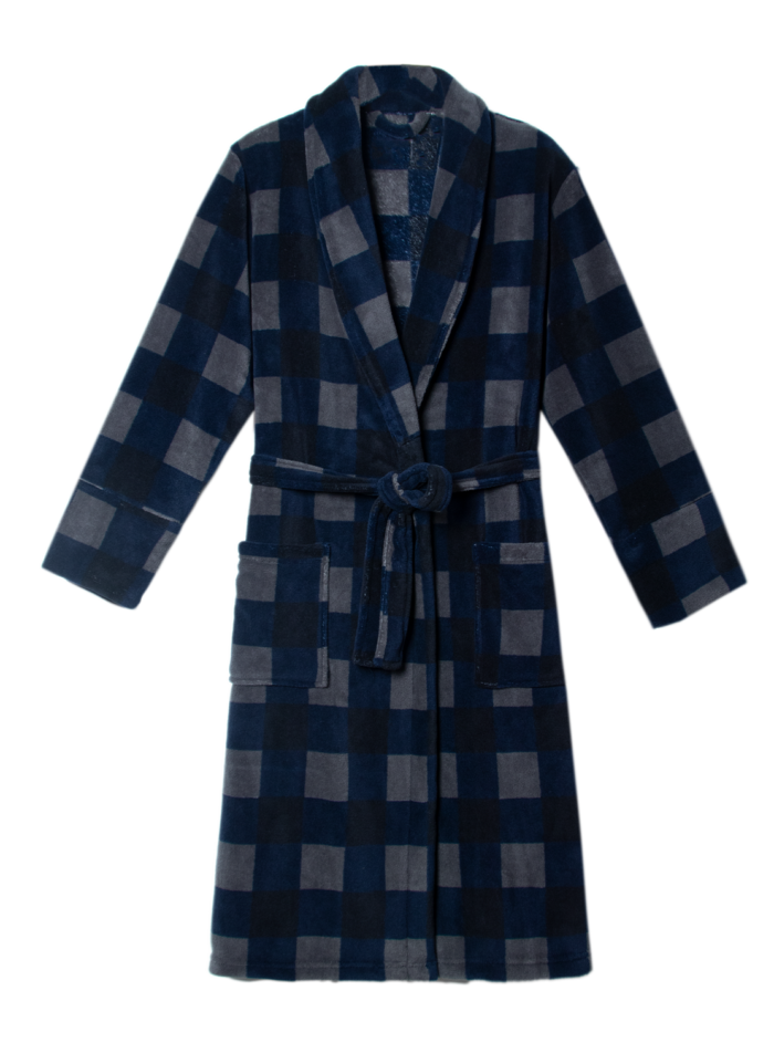 Comfyhome Men‘s Navy Grey Check Plush Coral Fleece Shawl Collar Winter Robe With Patch Pocket - Image 1