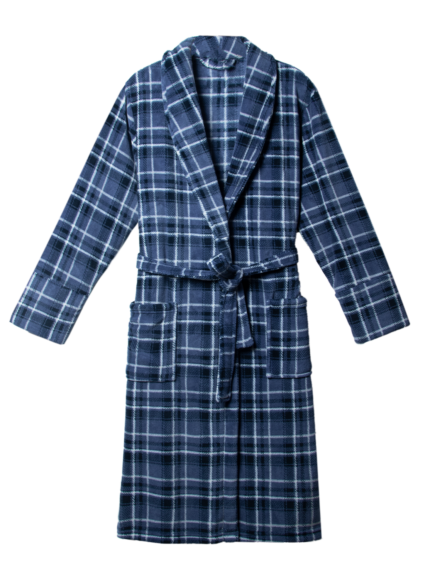 Comfyhome Men‘s Navy White Check Plush Coral Fleece Shawl Collar Winter Robe With Patch Pocket