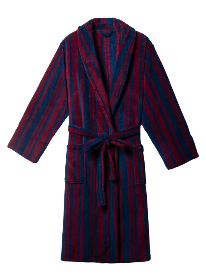 Comfyhome Men‘s Red and Navy Stripe Plush Coral Fleece Shawl Collar Winter Robe With Patch Pocket - Image 1