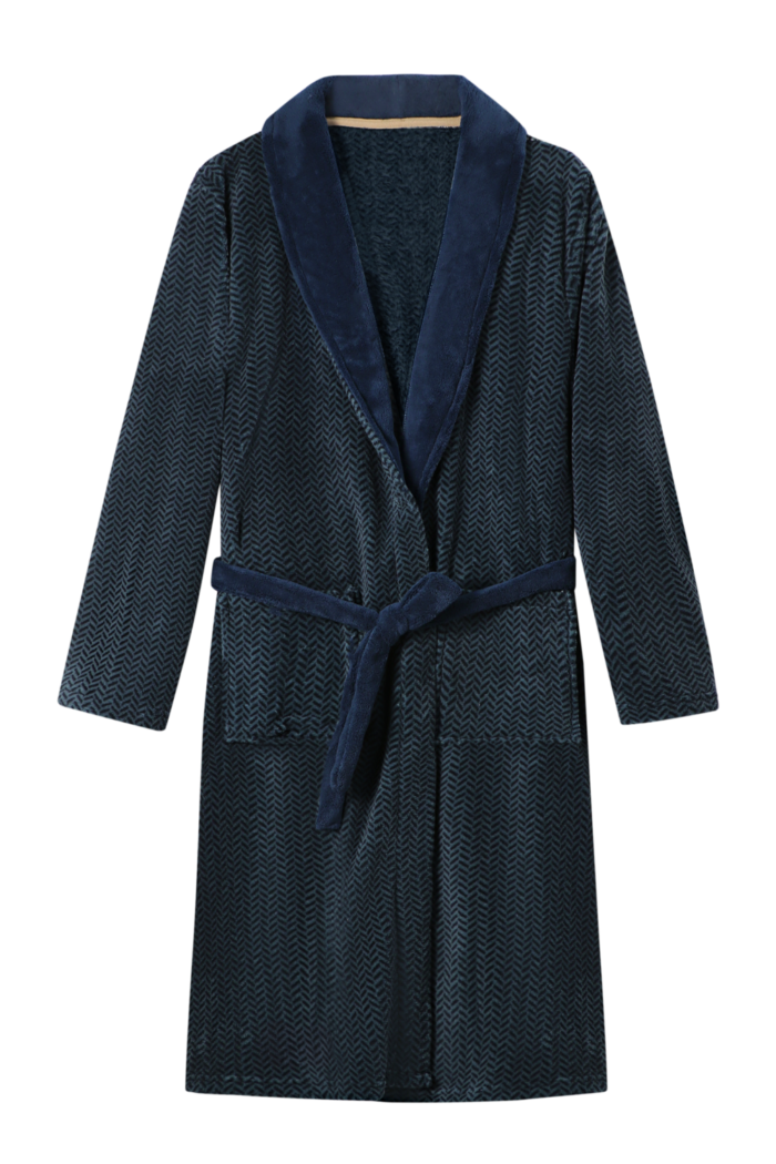 Comfyhome Men‘s Navy Herringbone Plush Coral Fleece Shawl Collar Winter Robe - Image 1